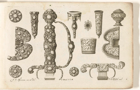 Thirteen designs for sword and dagger handles, Christian Engelbrecht, after 1699 - before 1724 Canvas Print