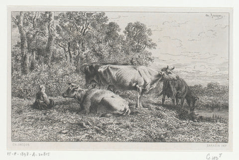 Landscape with resting farmer's wife next to four cows, Charles Emile Jacque, 1864 Canvas Print