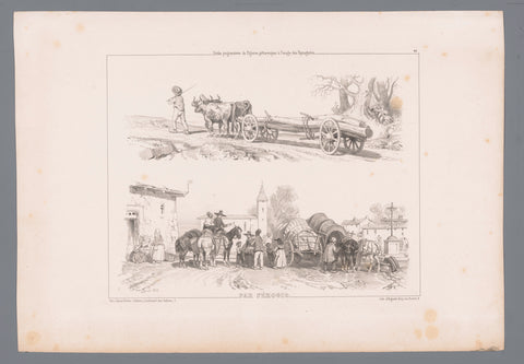 Two oxen transport tree trunks and village square with wagons, horses and figures, Fortuné Férogio, 1839 - 1845 Canvas Print