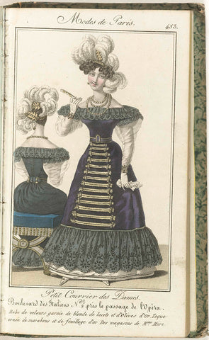 Petit Courrier des Dames, February 28, 1827, No. 453 : Velvet dress trimmed with blonde..., anonymous, 1827 Canvas Print