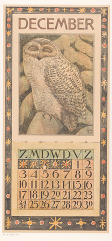 Calendar sheet December with snowy owl, Theo van Hoytema, 1904 Canvas Print