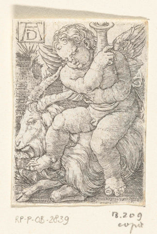 Putto sitting on a buck, anonymous, 1512 - 1610 Canvas Print