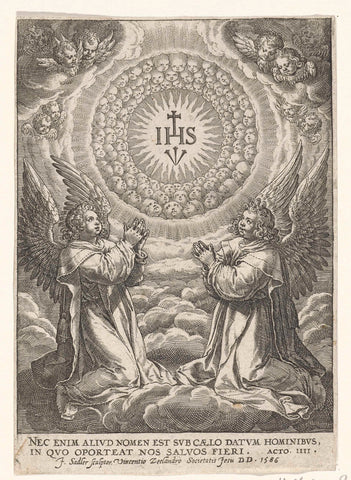 Engelen aanbidden het monogram van Christus, Johann Sadeler (I), 1586 Canvas Print