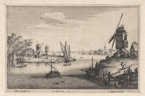 Landscape with three windmills along a river, Wenceslaus Hollar, 1651 Canvas Print