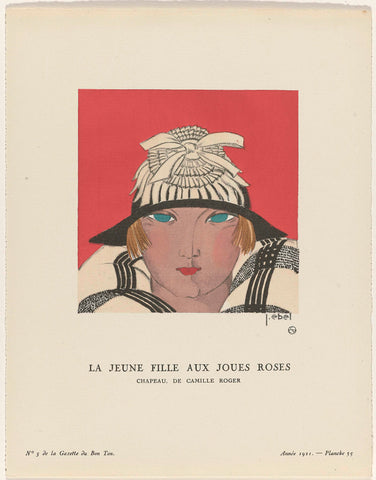 Gazette du Bon Ton, 1921 - No. 5, Pl. 35: La jeune fille aux cheeks roses / Chapeau, by Camille Roger, J. Ebel, 1921 Canvas Print