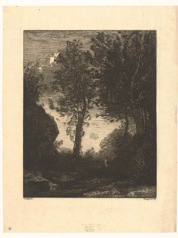 Landschap met bomen bij beek en figuur spelend op fluit, Félix Bracquemond, 1860 - 1914 Canvas Print