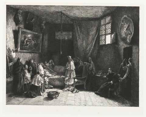 Deathbed of Poussin in studio, Félix Bracquemond, 1870 Canvas Print