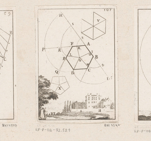 Division of a regular hexagon into five equal parts with a landscape at the bottom, Sébastien Leclerc (I), 1669 Canvas Print