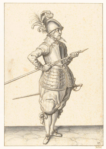 Soldier carrying his skewer with both hands on his right side, the tip tilted upwards and near his belly, Jacob de Gheyn (II), 1596 - 1606 Canvas Print