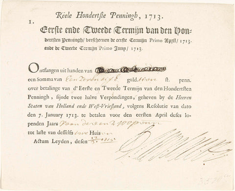 Tax document on the Hundredth Penny, 1713, States of Holland and West Friesland, 1715 Canvas Print