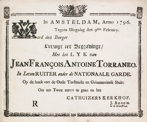 Funeral note of Jean François Antoine Torraneo, 1796, anonymous, 1796 Canvas Print