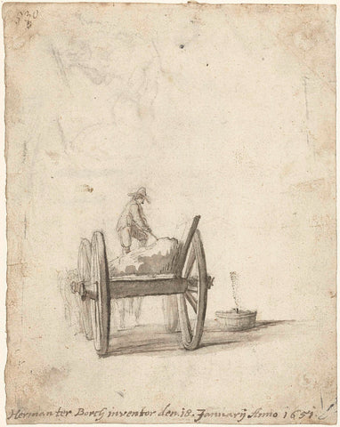 Wagon, from behind, with man shoveling manure in a tub, Harmen ter Borch, 1651 Canvas Print