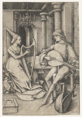 The lute player and the harp player, Israhel van Meckenem, 1475 - 1503 Canvas Print