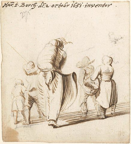 Mother and five children, from behind, Harmen ter Borch, 1651 Canvas Print