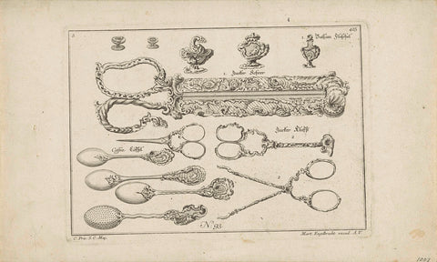 Gallantries with spoons and scissors, anonymous, 1708 - 1756 Canvas Print