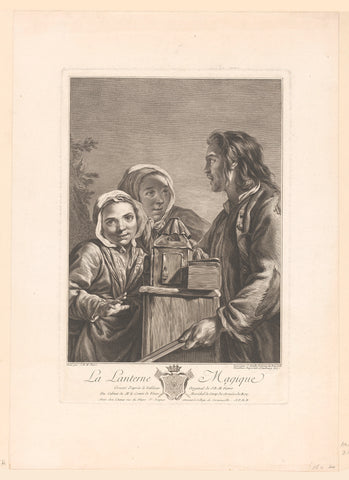 Man and two women at a magic lantern, Jean Daullé, 1757 Canvas Print