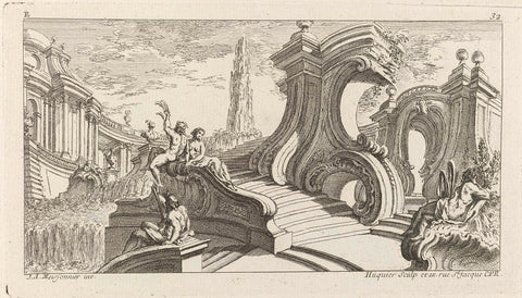 Ornament with architecture with seed elements and figures, Gabriel Huquier, Juste Aurèle Meissonnier, 1738 - 1749 Canvas Print