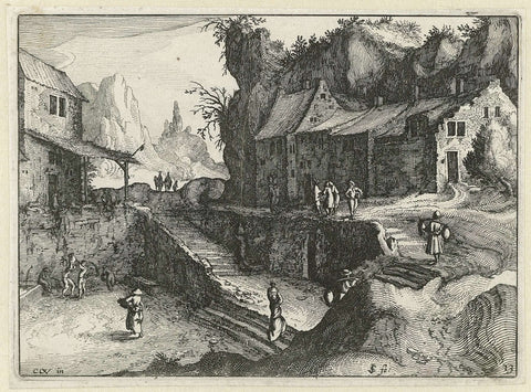 Mountain village with houses and stairs, Claes Jansz. Visscher (II), c. 1615 - c. 1633 Canvas Print