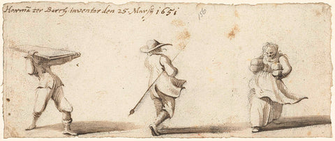 Three walking figures, a man from behind, Harmen ter Borch, 1651 Canvas Print