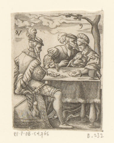 Woman and two men playing cards, Virgil Solis, c. 1545 Canvas Print