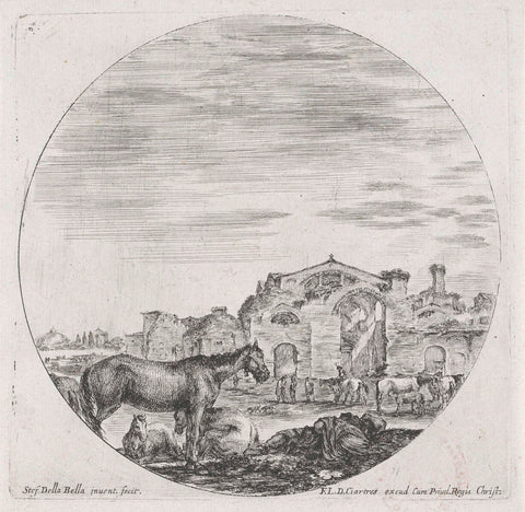 Sleeping shepherd and horses in landscape with diocletian's baths, Stefano della Bella, 1620 - 1664 Canvas Print