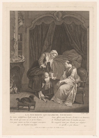 Interior of a bedroom with min, mother and child, Claude Augustin Duflos, 1710 - 1786 Canvas Print