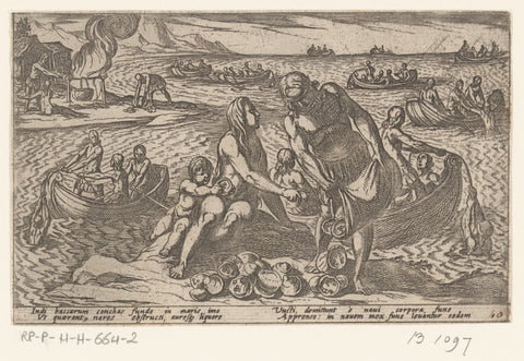 Fishermen and families collect oysters, Antonio Tempesta, 1605 Canvas Print