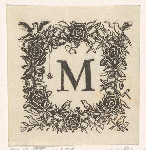 Letter M in a frame of flowers, insects and birds, Dirck de Bray, 1635 - 1694 Canvas Print