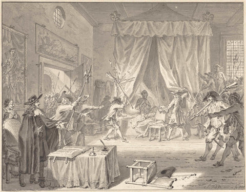 The brothers Johan and Cornelis de Witt attacked in their room above the Voorpoort of the Gevangenpoort in The Hague, 20 August 1672, Simon Fokke, 1755 Canvas Print