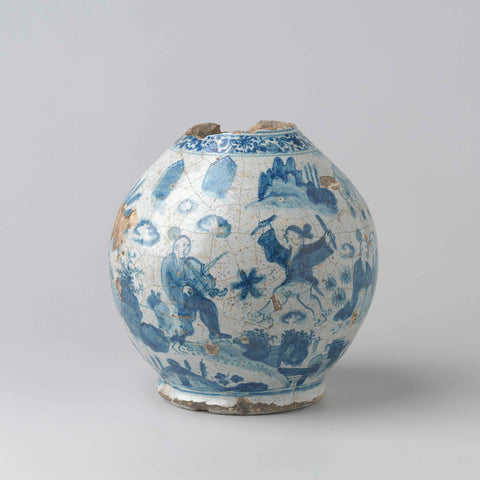 Vase, spherical, painted in blue with landscape with Chinese figures, anonymous, c. 1630 - c. 1650 Canvas Print