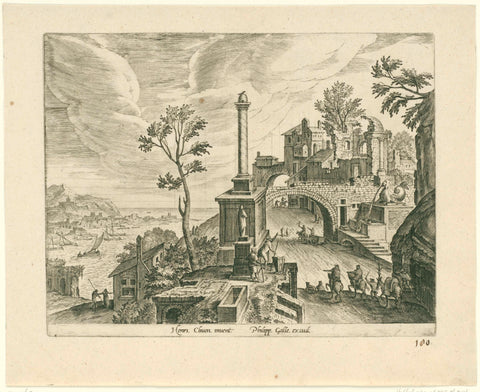 Landscape with column and ruins, Adriaen Collaert, 1587 Canvas Print