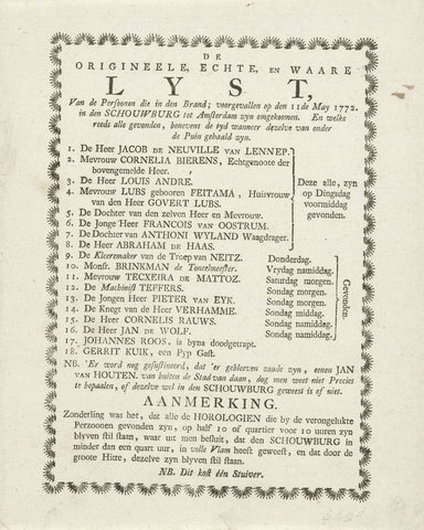 List of the victims of the fire in the Amsterdamse Schouwburg, 1772, anonymous, 1772 Canvas Print