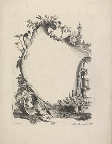 Cartouche with agricultural objects, Johann Georg Hertel (I), 1731 - 1775 Canvas Print