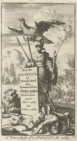 Bellona armed with sword and spear, above her flies an eagle with a crown in the claws, Jan Luyken, 1689 Canvas Print