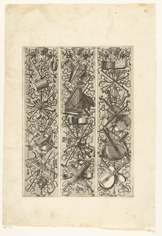 Three vertical trophies with musical instruments, Johannes or Lucas van Doetechum, 1572 Canvas Print