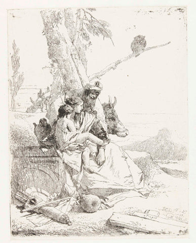 Magician and woman with child sitting by tree, Giovanni Battista Tiepolo, in or before c. 1750 Canvas Print