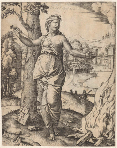 Dido kills himself with dagger next to pyre, Marcantonio Raimondi, 1508 - 1512 Canvas Print