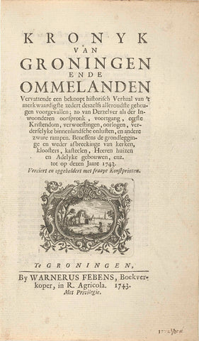 Title page for: Henricus Hofsnider, Kronyk van Groningen ende Ommelanden, 1743, Hendrik Hofsnider, 1743 Canvas Print