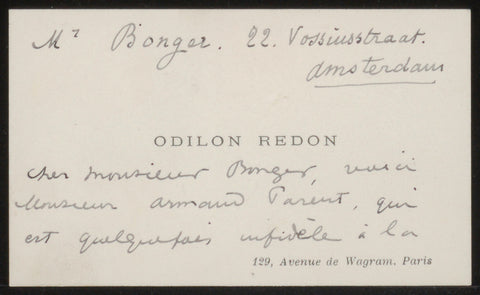 Business card to Andries Bonger, Odilon Redon, 1913 Canvas Print