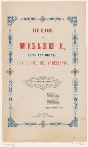 Homage to William I, Prince of Orange, the saviour of the fatherland. 5 June 1848, A. Entrop van Poeteren, 1848 Canvas Print