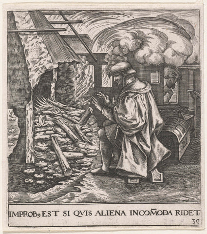 Man warms himself to a burning house, Johann Theodor de Bry, 1596 Canvas Print