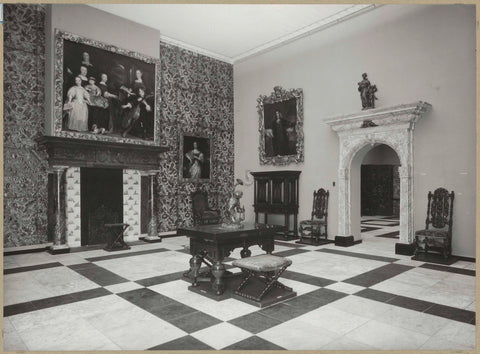 Room with furniture including cupboards, a fireplace, portraits, a portal, gold leather wallpaper and a marble tiled floor, 1957 Canvas Print