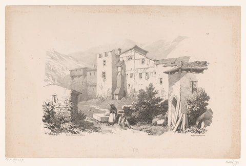 Mountain village with two figures, Jean Baptiste Louis Hubert, 1834 - 1838 Canvas Print