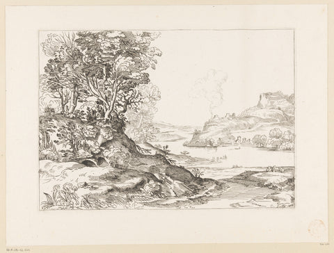 River landscape with a building in the distance from which smoke rises, Anne Claude Philippe Caylus, 1702 - 1765 Canvas Print