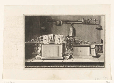 How the hose fire sprayer and pump should be stored in the fire spray house after use, ca. 1695, anonymous, 1690 - 1699 Canvas Print