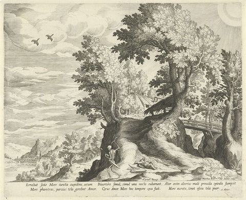 Landscape with the emblem over Death and Cupid, Johann Sadeler (I), 1595 - 1600 Canvas Print