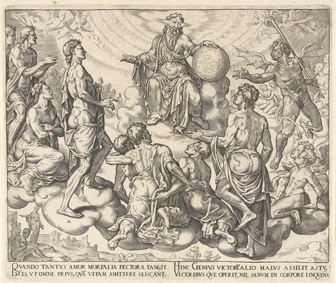 Satan challenges God to stop holding Job's hand over his head, Philips Galle, 1563 Canvas Print