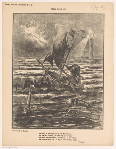 Cartoon with a boat at sea in severe weather, Jan Holswilder, 1887 Canvas Print