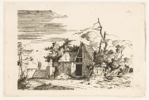 Hut next to a staircase, Louis Gabriel Moreau, 1770 - 1779 Canvas Print