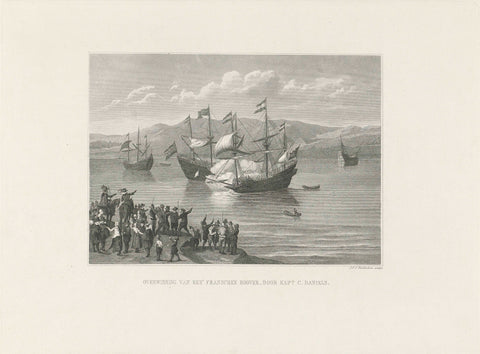 Conquest of three pirate ships by Captain Cornelis Daniels, 1619, Jan Frederik Christiaan Reckleben, 1860 Canvas Print
